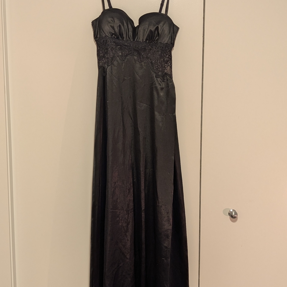 Black Satin Long Slip Dress with Lace Bodice